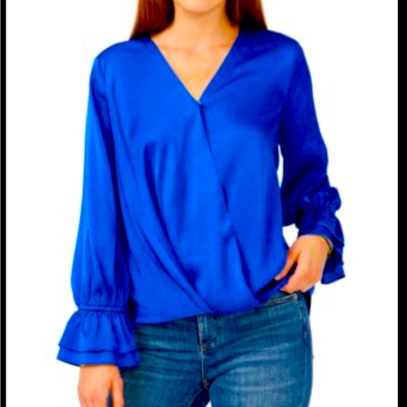 VINCE CAMUTO WRAP FRONT BLOUSE DOUBLE CUFF WOMENS LONG SLEEVE BLUE COLOR SIZE M - Picture 1 of 13
